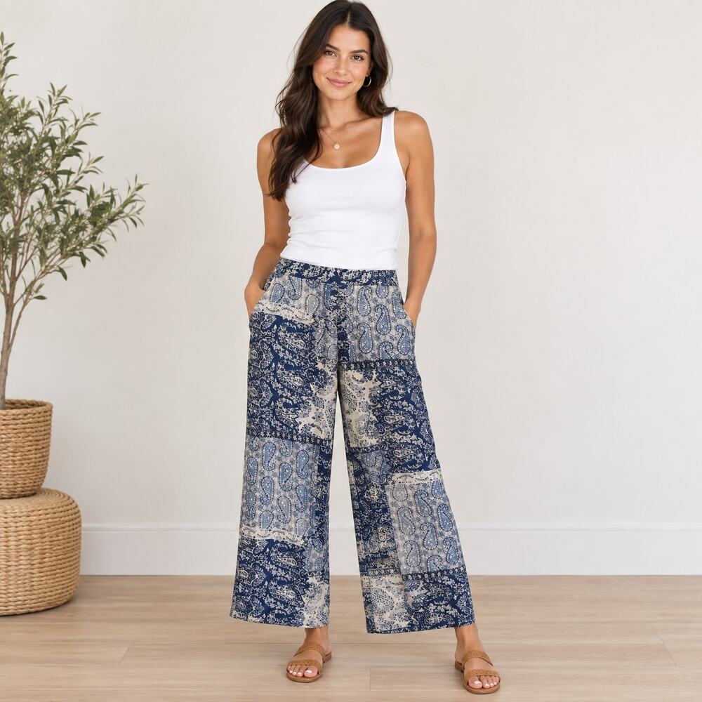 Zara blue paisley boho wide leg pants Small flowy Beachy
